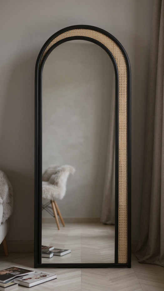 آینه ایستاده مدرن با فریم حصیر بامبو - ابعاد 80×180 سانتی‌متر