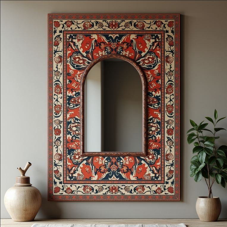 آینه دیواری سنتی با فریم طرح فرش ایرانی - ابعاد 90×60 سانتی‌متر